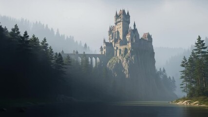 Ancient gothic castle perched on mountain cliff surrounded by misty forest. Fantasy architecture concept - Powered by Adobe