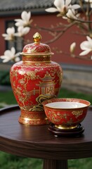 Ornate red porcelain vase and bowl with gold accents and floral designs