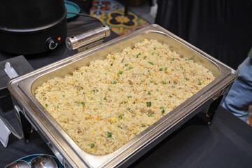 Chinese food special fried rice or Yangchow fried rice made with barbecue pork shrimp or prawn onions and peas stir fried with egg and rice. 
