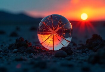 A broken glass orb reflecting the sunset light