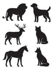 A minimal set of animal silhouettes featuring wild and domestic creatures like lion, deer, dog, horse, fox, and wolf in clean black vector style.