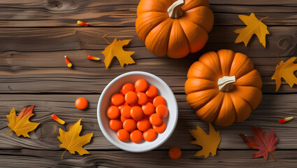 A festive autumnal arrangement, captured from an overhead perspective, displays two vibrant orange mini-pumpkins with textured surfaces and light-colored stems