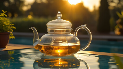 A tranquil sunset scene in Dhaka showcases a clear glass teapot, partially filled with warm, golden-hued tea