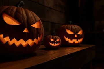 Spooky Halloween Jack-o'-Lantern Trio on Wooden Surface