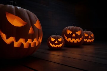Spooky Halloween Jack-o'-Lantern Trio on Wooden Surface