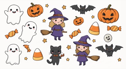 Cute Halloween Illustration with Ghosts, Witches, Pumpkins, and Bats