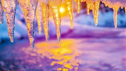 Colorful icicles sparkling in the sunset, creating a serene winter scene. - Powered by Adobe