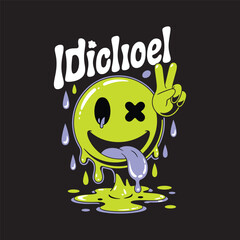 Dripping peace sign cartoon with crossed-out eyes, playful and edgy street art character in bright neon green style. Vector illustration.
