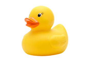 Bright Yellow Rubber Duck with Orange Beak on Transparent Backdrop