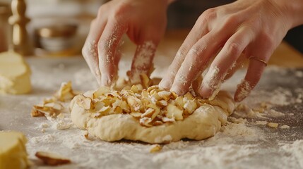 Hands shaping dough with apples on a floured surface for rustic dessert preparation