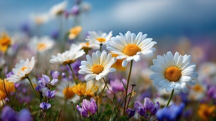 Fototapeta premium Delicate meadow flowers swaying under clear sky, highlighting seasonal charm and rural freshness