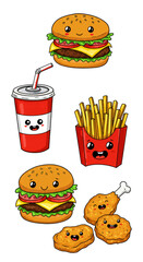 Cartoon Fast Food Kawaii Illustration Burger Fries and Chicken PNG