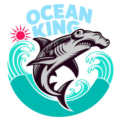 Ocean king hammer head shark with sea waves vector design