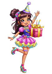 Cartoon Girl Celebrate Birthday Party with Present Transparent Background