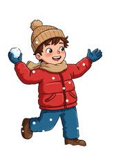 Cartoon Illustration Boy Playing Snowball in Winter Transparent BG