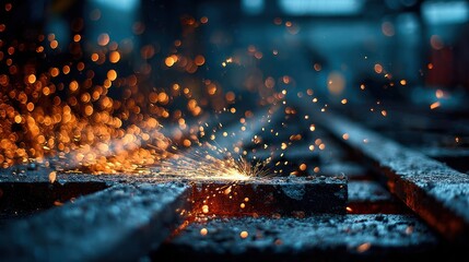 Heavy-duty metal fabrication workshop with sparks under mechanical arm
