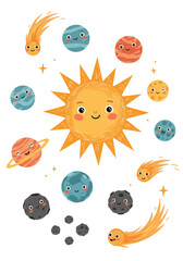 Cartoon Planets Stars Comets In Space Galaxy Universe Illustration
