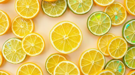 Overhead view of vibrant lemon and lime slices arranged on a light-colored background