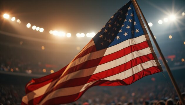 American flag waving in indoor stadium at night