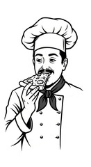 Chef Eating Pizza Slice Illustration in Uniform on Transparent BG