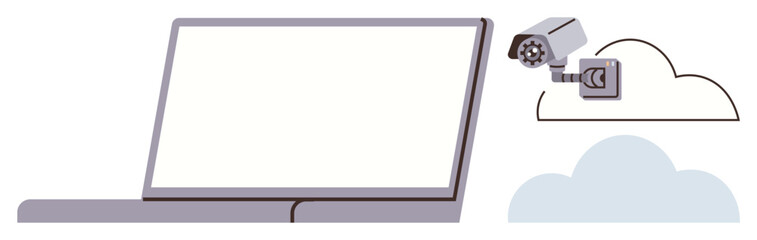 Obraz premium Laptop with a surveillance camera pointing at a cloud, symbolizing remote monitoring, cybersecurity, data storage, and online privacy. Ideal for technology, security, internet concepts, cloud