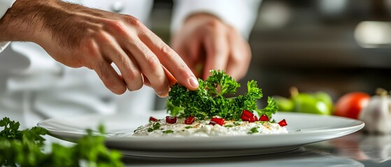 Chef's Delicate Touch: Garnishing Creamy Dish with Parsley and Pomegranate