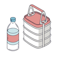 A drawing of a water bottle with a pink label and a three tiered pink and white lunchbox with a handle