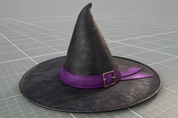 3D Render of Black Witch Hat with Purple Ribbon on Gray Grid Background