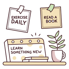 Cartoon illustration of daily reminders with exercise book learning and potted plant on a shelf