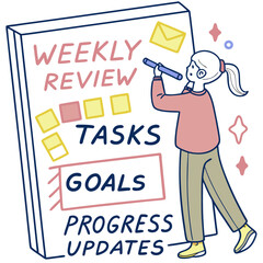 A woman reviewing a weekly planner with tasks goals progress updates and sticky notes with a marker in hand
