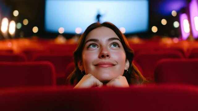 Dreaming in the Cinema: A young woman gazes up at the silver screen in a darkened cinema, her face lit with wonder and anticipation, surrounded by plush red velvet seats.