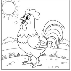A rooster stands proudly on a grassy hill, crowing under the bright sun with its feathers detailed and comb raised, in a lively black-and-white outdoor scene.