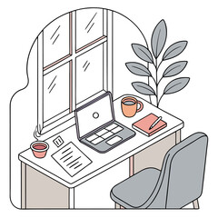 A cozy workspace featuring a laptop desk chair window plant and various desk accessories illustration