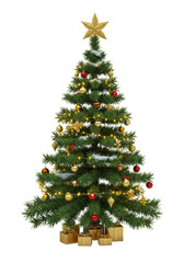 Decorated Christmas Tree with Golden Star and Ornaments Celebration Isolated