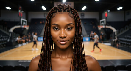 African American woman with long box braids hairstyle at indoor basketball arena. Protective hair styling and braiding techniques for athletic beauty treatments and sports facility looks