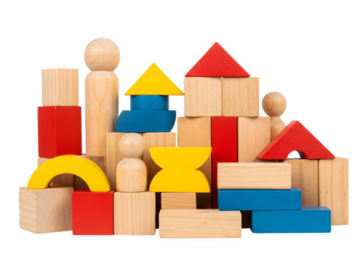 Colorful Wooden Blocks Stacked in Various Shapes on Transparent Background