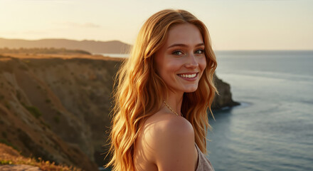 Woman with long wavy blonde hair at coastal cliff during golden sunset. Natural hair styling and wave techniques for vacation beauty treatments and seaside salon services