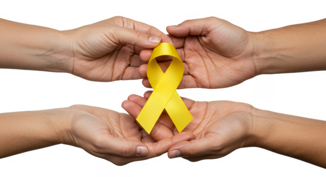 Childhood Cancer Awareness Concept with Yellow Ribbon Hands Isolated