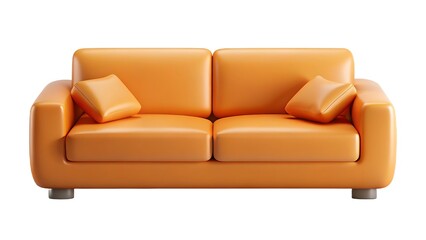 A modern and comfortable orange two seater sofa with two matching throw pillows presented isolated on white background