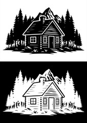 Vintage Forest Cabin and Mountain Vector Design