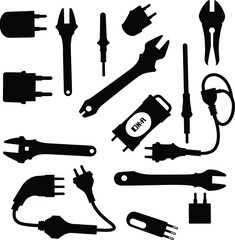 Electric Plugs, Wrenches, and Tools Silhouettes Set: Repair, Connectivity, and Industrial Equipment Icons.