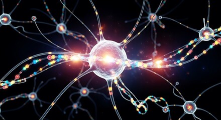 Obraz premium Nerve Cell Network with Glowing Connections on Dark Background