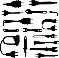 Assorted Electric Plugs & Tools Silhouettes Set: Power Connectors, Wrenches, and Repair Equipment Icons.