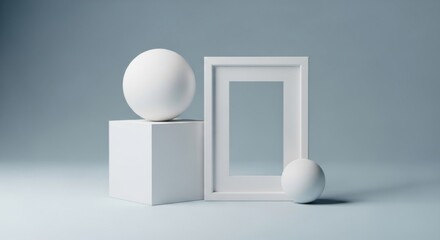 Geometric shapes and empty picture frame against a minimalist backdrop