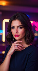 Fototapeta premium Woman with brown wavy bob haircut in black top at neon-lit nightclub. Hair styling and wave techniques for evening beauty treatments and nightlife venue looks
