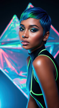 African American woman with vibrant blue short pixie haircut against neon geometric background. Colorful fantasy hairstyle for creative styling and futuristic salon services
