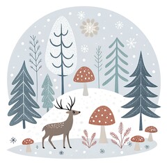 Naklejka premium Flat folk-inspired mushroom shapes with pine trees, deer, and snowflakes, muted Scandinavian palette 