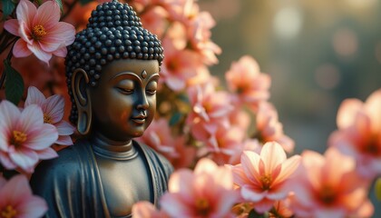 Serene Buddha Statue Surrounded by Pink Flowers in Garden