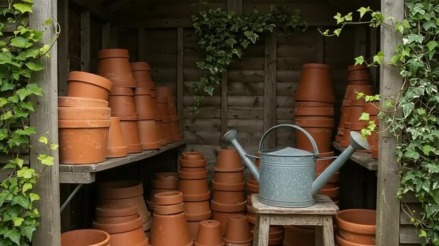 Shelves filled with terracotta pots and watering can