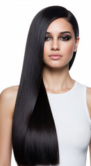 Woman with long straight black hair side swept on light gray background. Hair straightening and smoothing demonstration for salon keratin treatment services
